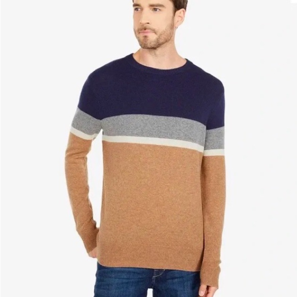 J.Crew Men’s Merino Nylon Crew | Color Block Blue Tan White | Size Large